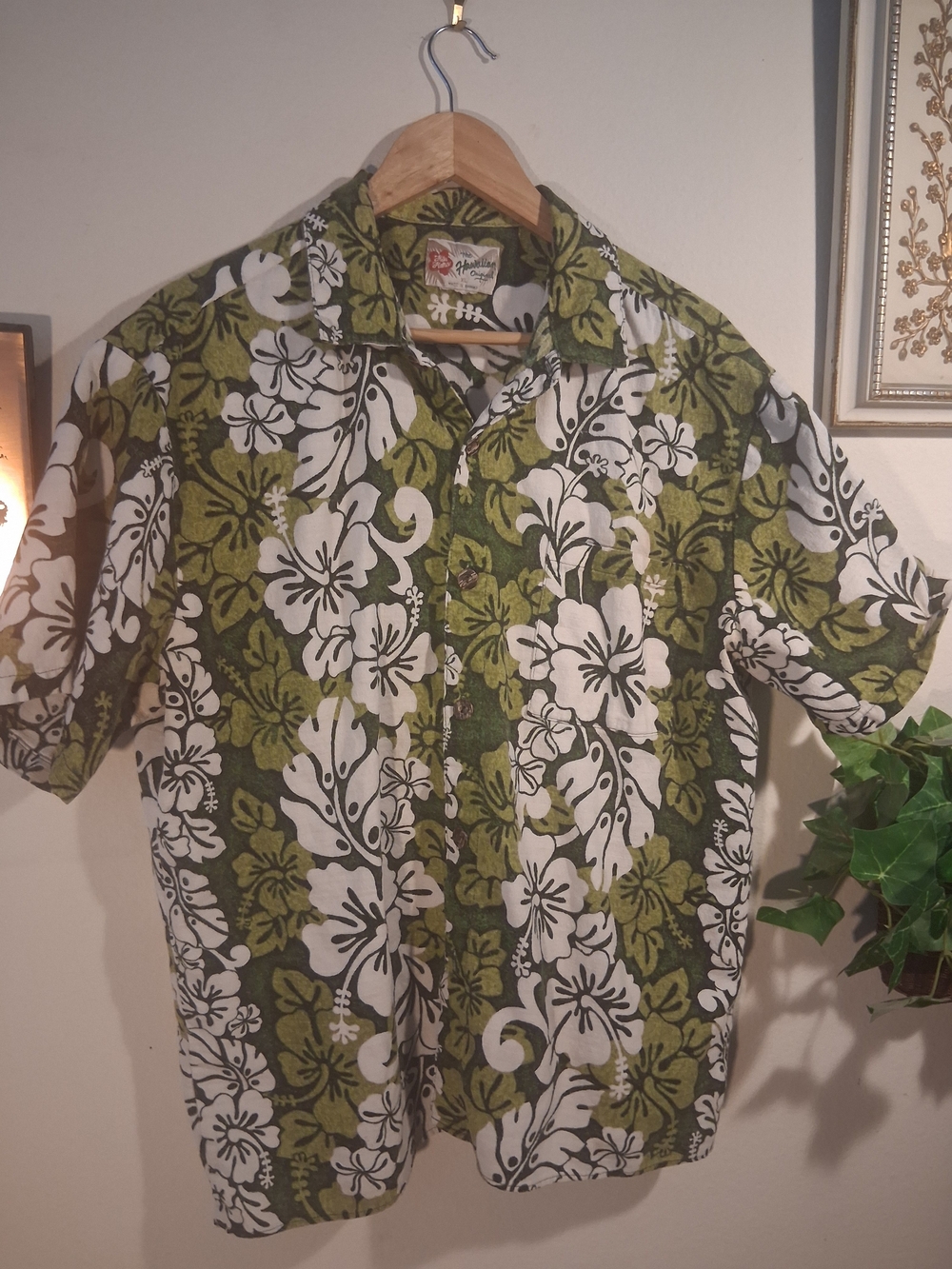 Hilo Hattie Olive Green and White Floral Hawaiian Shirt - Men